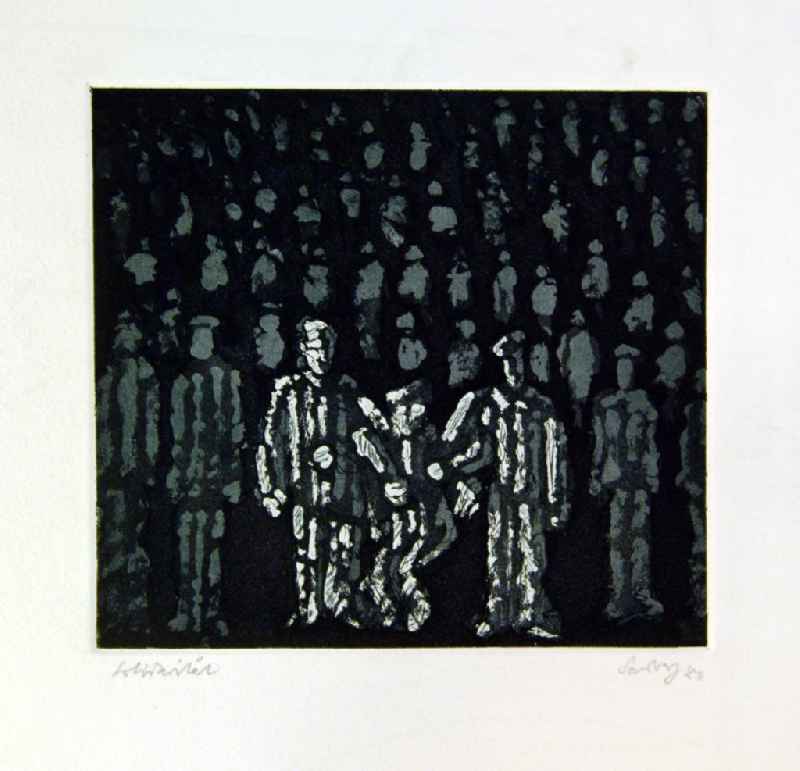 Grafik von Herbert Sandberg 'Solidarität' (1. Motiv aus dem Zyklus 'Erinnerungen an Buchenwald') aus dem Jahr 1980, 21,4x19,5cm Radierung und Aquatinta, handsigniert, 16/2