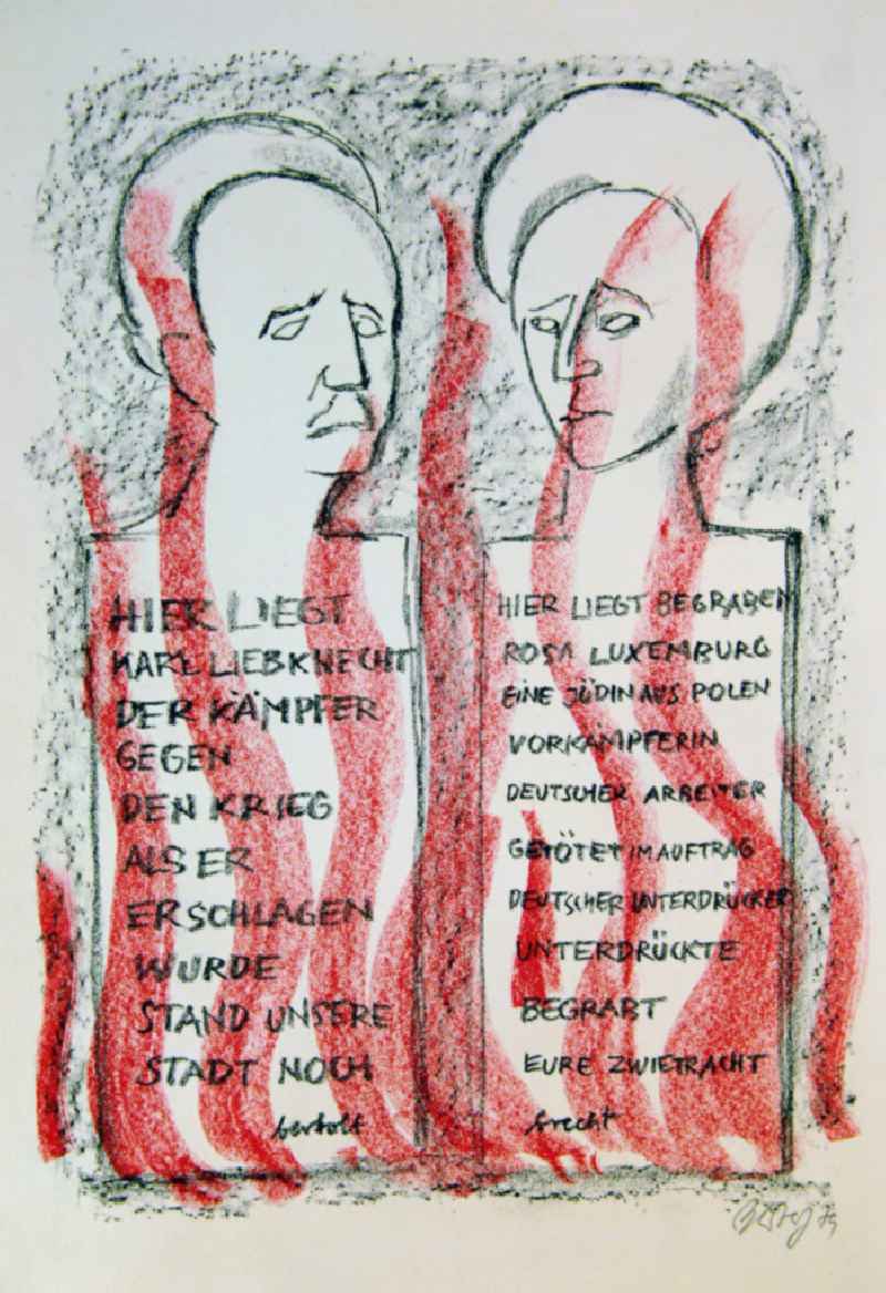 Grafik von Herbert Sandberg 'Grabschriften für Karl und Rosa' aus dem Jahr 1979 (Gedenken an Karl Liebknecht *13.08.1971 † 15.01.1919 und Rosa Luxemburg *05.03.1971 † 15.01.1919) , 30,0x41,
