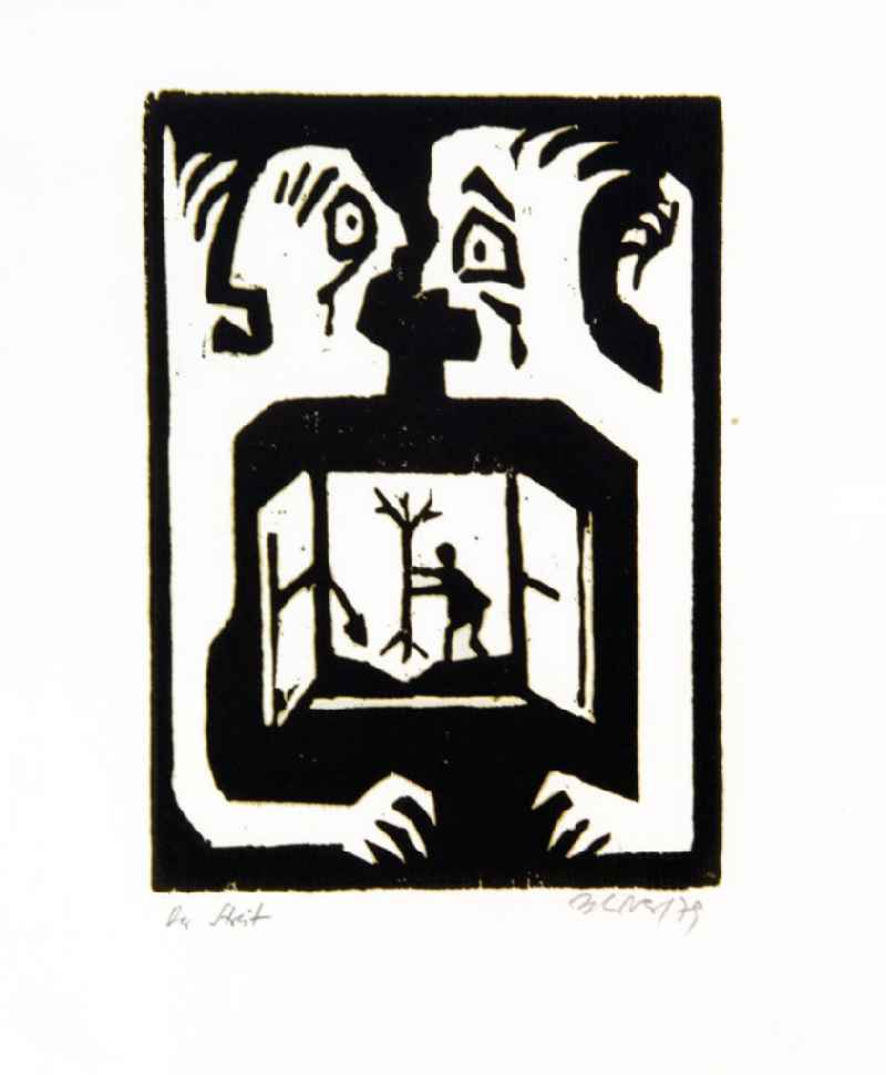 Grafik von Herbert Sandberg 'Der Streit' aus dem Jahr 1979, 15,0x20,6cm Holzschnitt, handsigniert, 4/3