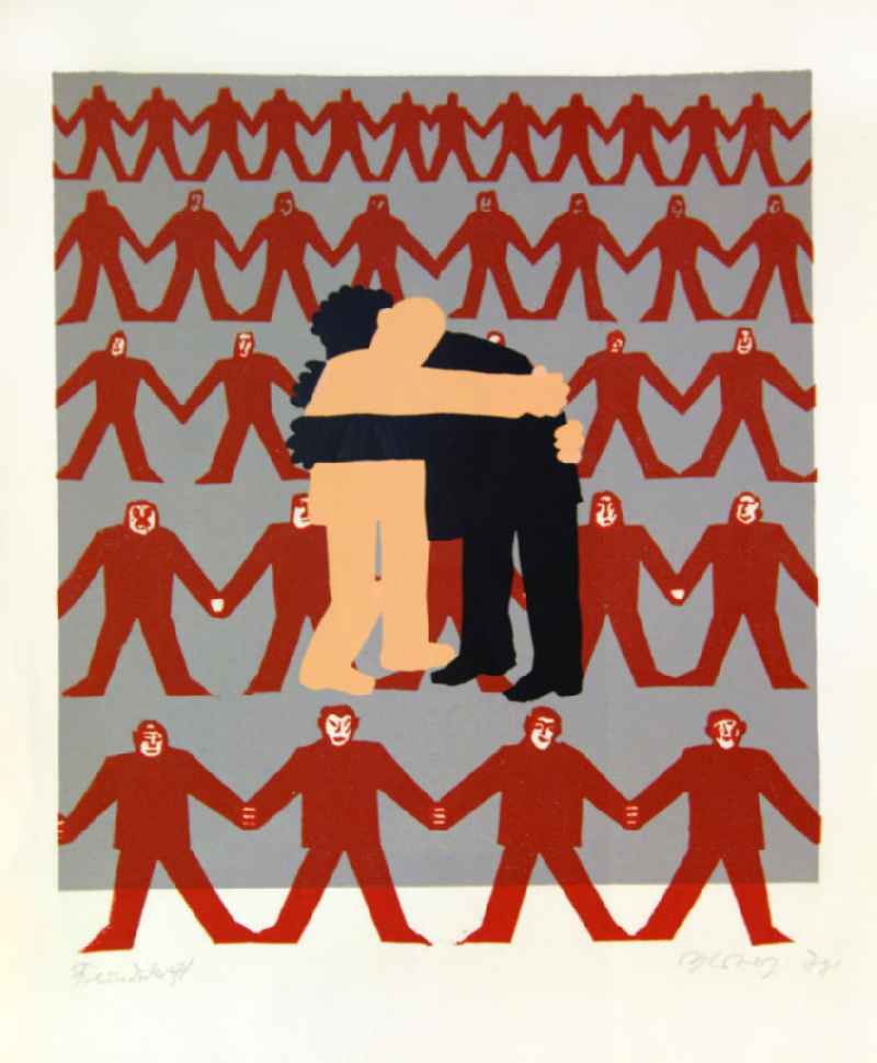 Grafik von Herbert Sandberg 'Freundschaft' aus dem Jahr 1978, 27,9x32,