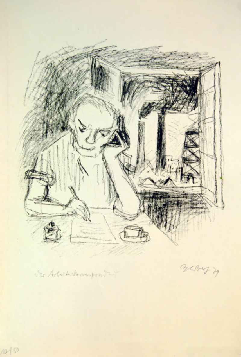 Grafik von Herbert Sandberg 'Der Arbeiterkorrespondent' aus dem Jahr 1979, 28,5x29,6cm Lithographie (Zeichnung), handsigniert, 1/1
