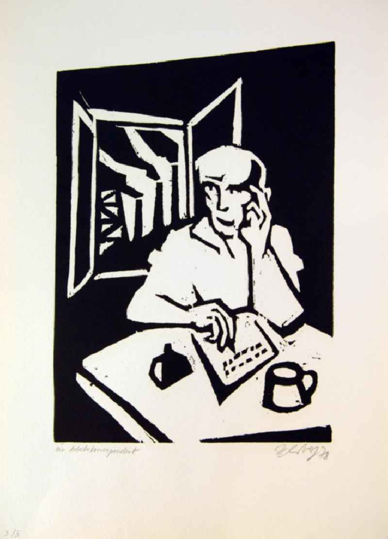 Grafik von Herbert Sandberg 'Der Arbeiterkorrespondent' aus dem Jahr 1978, 24,0x34,8cm Holzschnitt, handsigniert, 12/5
