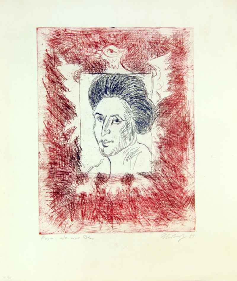 Grafik von Herbert Sandberg über Rosa Luxemburg (*05.03.1871 †15.01.1919) 'Rosa - oder mein Polen' aus dem Jahr 1981, 24,5x32,3cm Radierung in schwarz und rot, handsigniert, 1/3