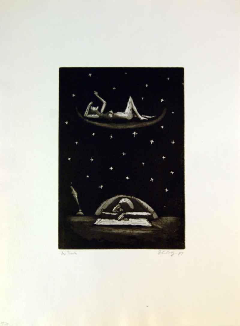 Grafik von Herbert Sandberg 'Der Traum' aus dem Jahr 1981, 19,8x27,8cm Aquatintaradierung, handsigniert, 1/2
