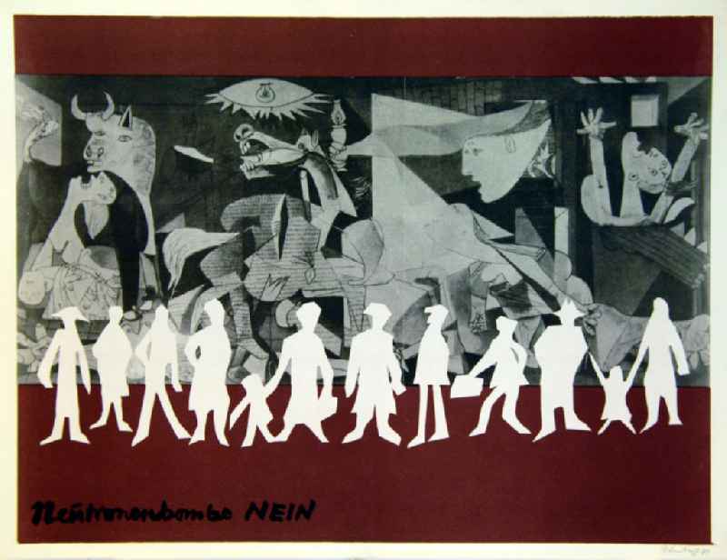 Grafik von Herbert Sandberg 'Neutronenbombe – NEIN' aus dem Jahr 1981, 43,7x33,2cm Farblithographie, handsigniert. Collage aus Picassos 'Guernica' von 1937 im Hintergrund und den weißen Umrissen einiger Menschen im Vordergrund ('Von den Menschen, die in den Tod gebombt sind, bleiben nur weiße Schatten.').