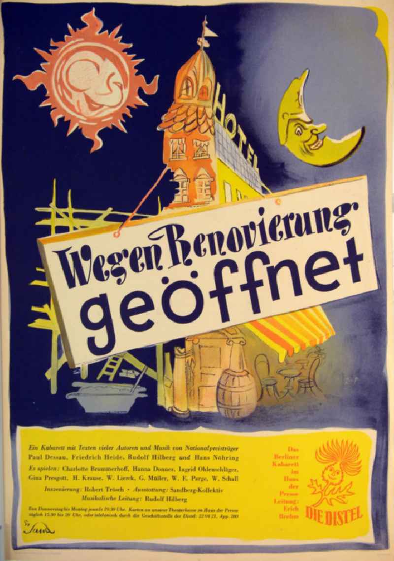 Plakat von Herbert Sandberg 'Wegen Renovierung geöffnet' für 'Die Distel' aus dem Jahr 1954, 41,