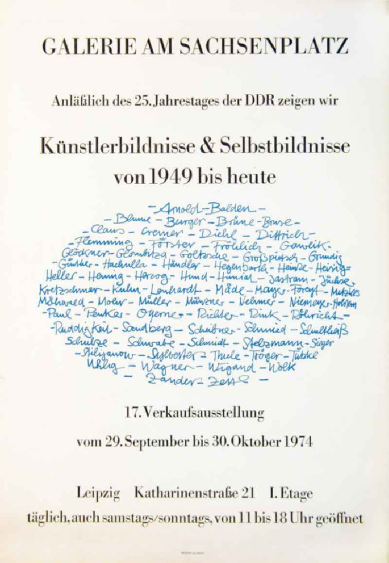 Plakat der Ausstellung 'Künstlerbildnisse und Selbstbildnisse von 49 bis heute' über Herbert Sandberg vom 29.09.-30.10.1974 Galerie am Sachsenplatz anlässlich des 25. Jahrestages der DDR, 4