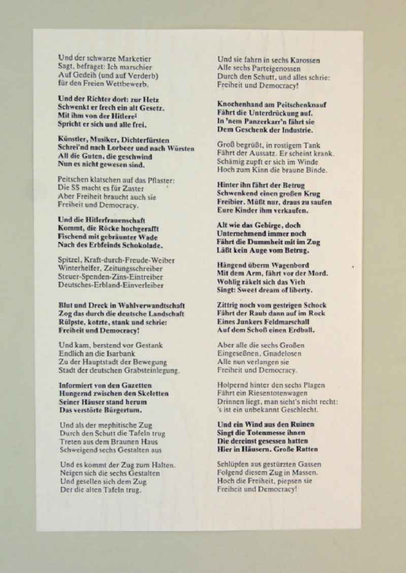 Gedicht Teil 2 'Der Anachronistische Zug oder Freiheit und Democracy' von Bertolt Brecht aus dem Jahr 1947, Grundlage für Herbert Sandbergs Zyklus 'Der anachronistische Zug' aus den Jahren 1982/83.
