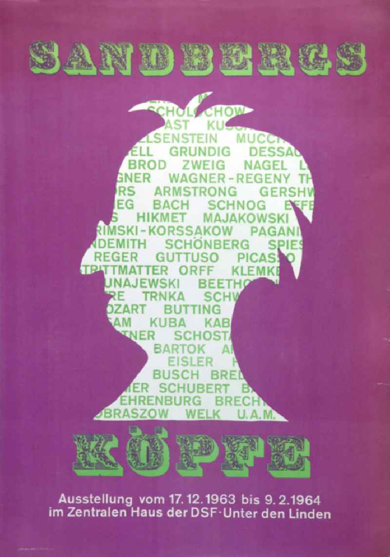 Plakat der Ausstellung 'Sandbergs Köpfe' über Herbert Sandberg vom 17.12.1963 bis 09.02.1964 Zentrales Haus der DSF, 59,5x84,