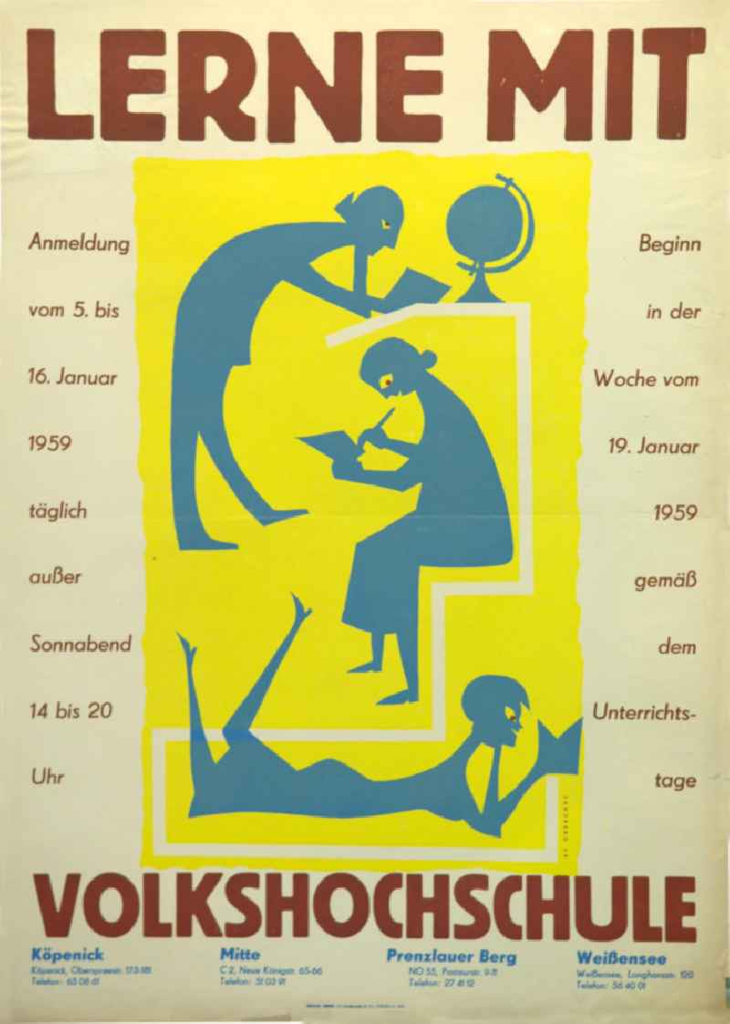 Plakat von Herbert Sandberg 'Lerne mit Volkshochschule' aus dem Jahr 1958, 59,8x84,