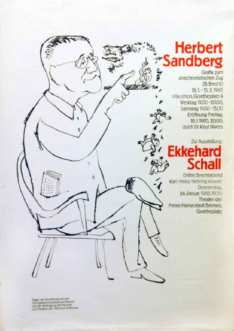 Plakat der Ausstellung 'Herbert Sandberg, Grafik zum anachronistischen Zug (B. Brecht)' vom 18.01.-15.02.1985 Villa Ichon, 63,0x88,
