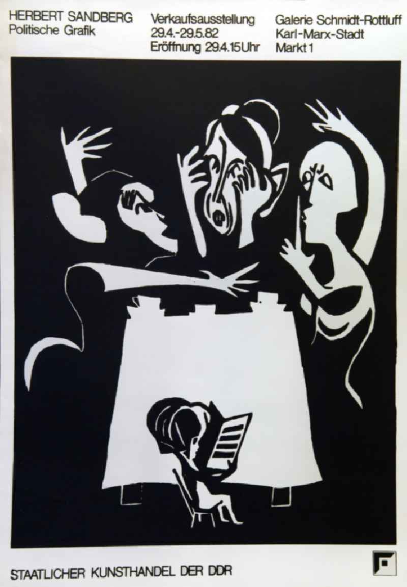 Plakat der Ausstellung 'Herbert Sandberg, politische Grafik' vom 29.04.-29.05.1982 Galerie Schmidt-Rottluff, Staatlicher Kunsthandel der DDR, 57,0x81,