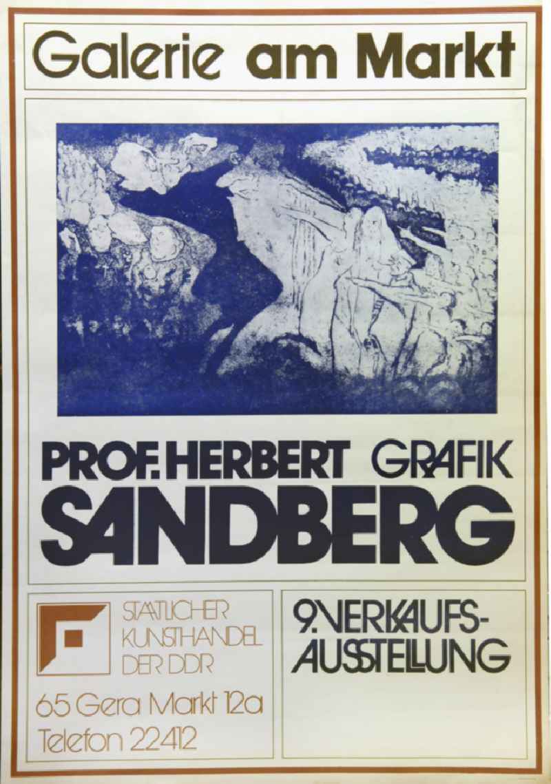 Plakat der Ausstellung 'Prof. Herbert Sandberg Grafik' 1977 Galerie am Markt, 57,6x81,4cm mit der Grafik 'Eichmann und die Eichmänner' von Herbert Sandberg aus dem Jahr 196