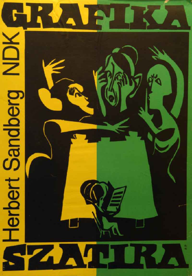 Plakat der Ausstellung 'Herbert Sandberg NDK, Gafika Szatira' 1975 in Budapest, 57,4x81,1cm. Zur Grafik: Eine Dreiergruppe sitzt am gedeckten Tisch und diskutiert und gestikuliert, die mittlere Figur hat die Hände vor dem Gesicht zusammengeschlagen, die rechte Figur legt den Zeigefinger an den gespitzten Mund; im Vordergrund: vor dem Tisch sitzt ein kleines Kind, unbeteiligt an der Diskussion, es liest in einem großen Buch.
