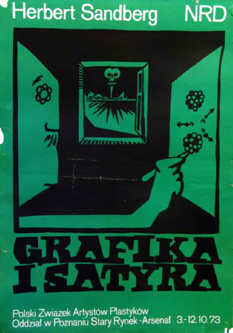 Plakat der Ausstellung 'Herbert Sandberg NRD, Grafika i Satyra' vom 03.-12.10.1973 Polski Zwiazek Artistów Plastików, 59,0x84,
