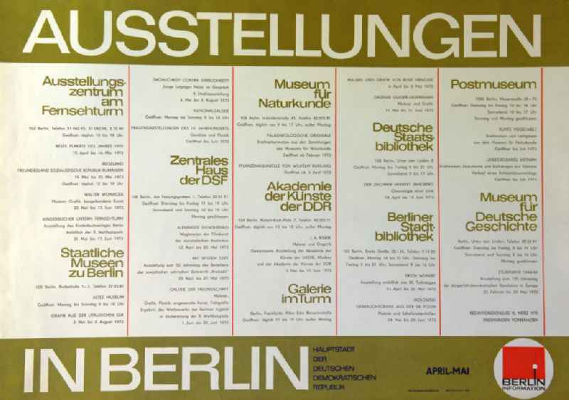 Plakat von Ausstellungen in Berlin April/Mai 1985 (u.a. 'Der Zeichner Herbert Sandberg' vom 18.04.-16.06.1973 Deutsche Staatsbibliothek) 81,