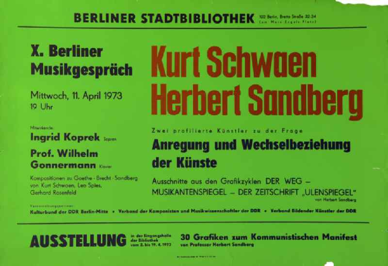 Plakat der Ausstellung 'Kurt Schwaen, Herbert Sandberg zu 'Anregungen und Wechselbeziehungen der Künste'' vom 02.-19.