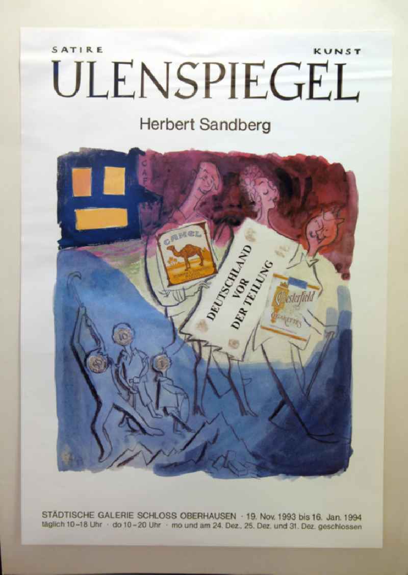 Plakat der Ausstellung 'Satirekunst Ulenspiegel' über Herbert Sandberg aus dem Jahr 1993, 59,5x84,0cm. zur Grafik: links: eine Gruppe von drei Kindern, in ihren Köpfen sind Geldstücke von 1, 10 und 5