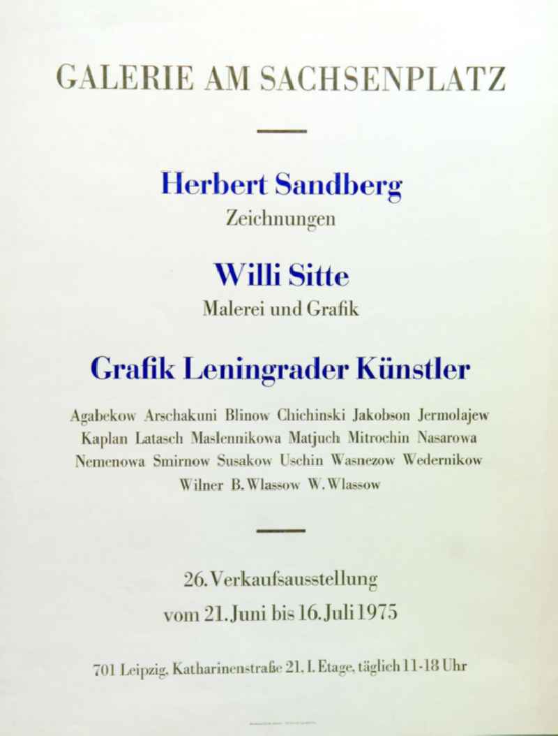 Plakat der Ausstellung 'Herbert Sandberg Zeichnungen u.a.' vom 21.06.-16.07.1975 Galerie am Sachsenplatz, 4