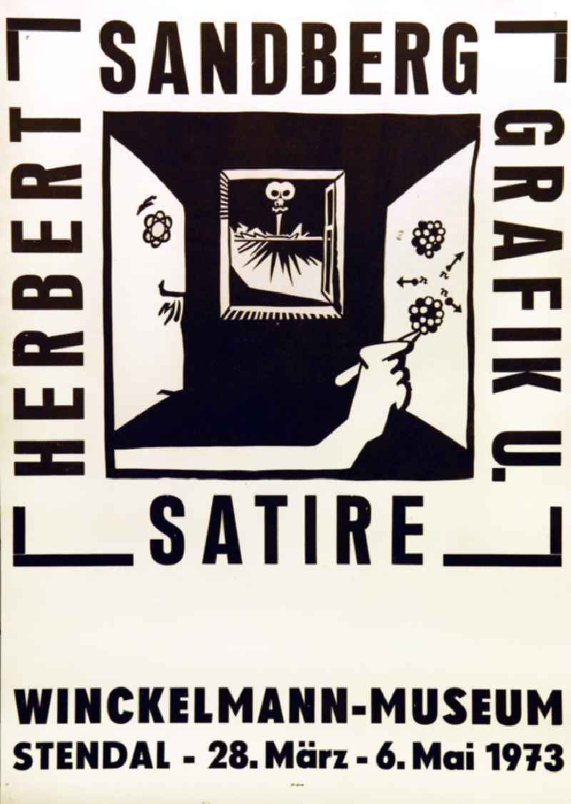 Plakat der Ausstellung 'Herbert Sandberg Grafik und Satire' vom 28.03.-06.05.1973 Winckelmann-Museum Stendal, 43,0x6