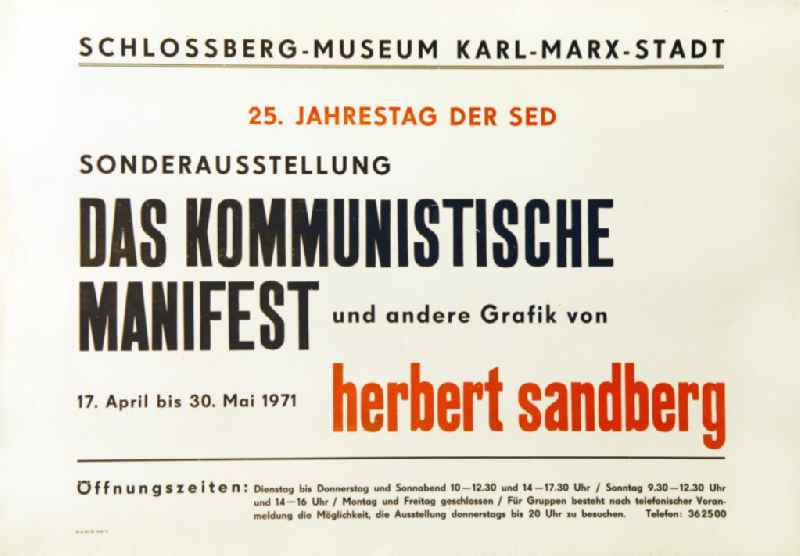 Plakat der Ausstellung 'Das Kommunistische Manifest und andere Grafik von Herbert Sandberg' vom 17.04.-30.05.1971 Schlossberg-Museum Karl-Marx-Stadt, 6