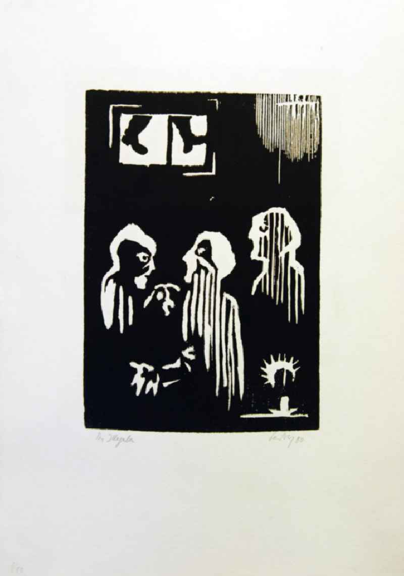 Grafik von Herbert Sandberg 'Die Illegalen' aus dem Jahr 1980, 19,5x27,7cm Holzschnitt, handsigniert, 1/5