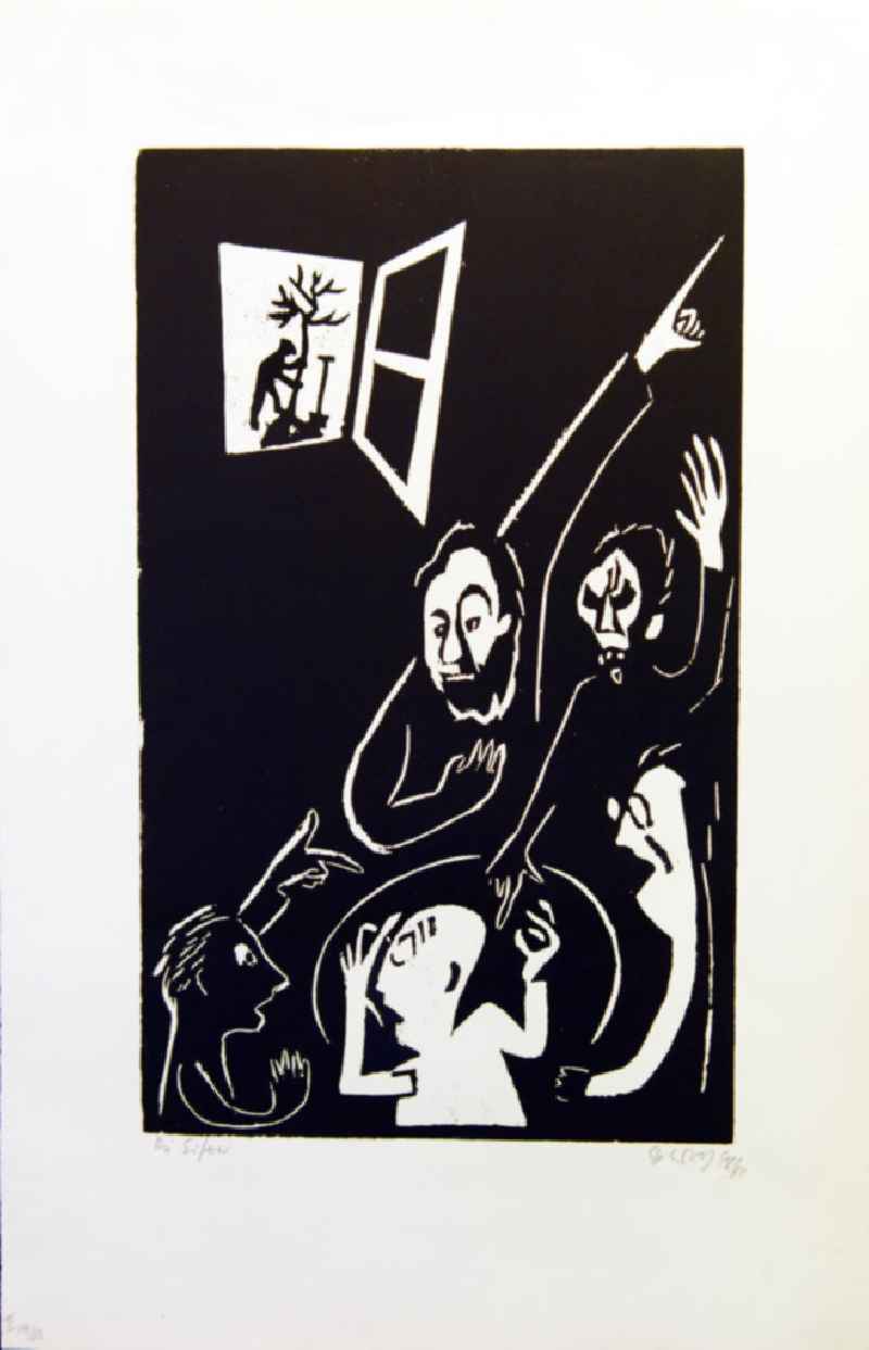 Grafik von Herbert Sandberg 'Die Eiferer' aus dem Jahr 1948, 21,7x35,8cm Holzschnitt, handsigniert, II 14/5