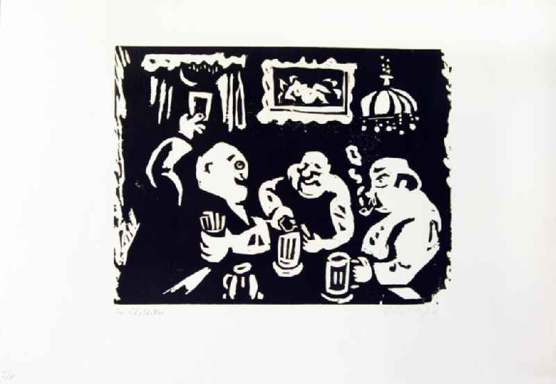 Graphic by Herbert Sandberg 'Im Skatkeller' from 1976, 35.9x26.7cm woodcut, signed by hand, 1/1