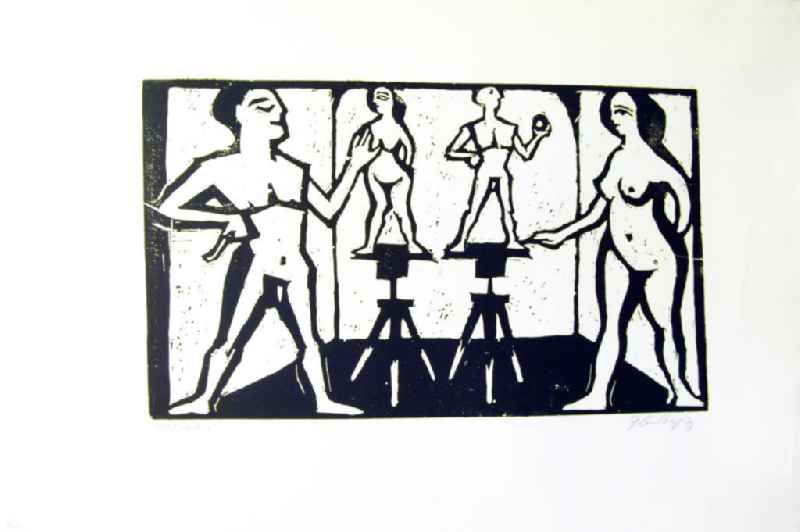Grafik von Herbert Sandberg 'Movell ist teuer' aus dem Jahr 1973, 43,7x25,8cm Holzschnitt, handsigniert, 1/2
