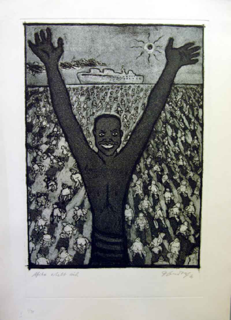 Grafik von Herbert Sandberg 'Afrika erhebt sich' aus dem Jahr 1960, 30,5x42,9cm Aquatintaradierung, handsigniert, I 2/7