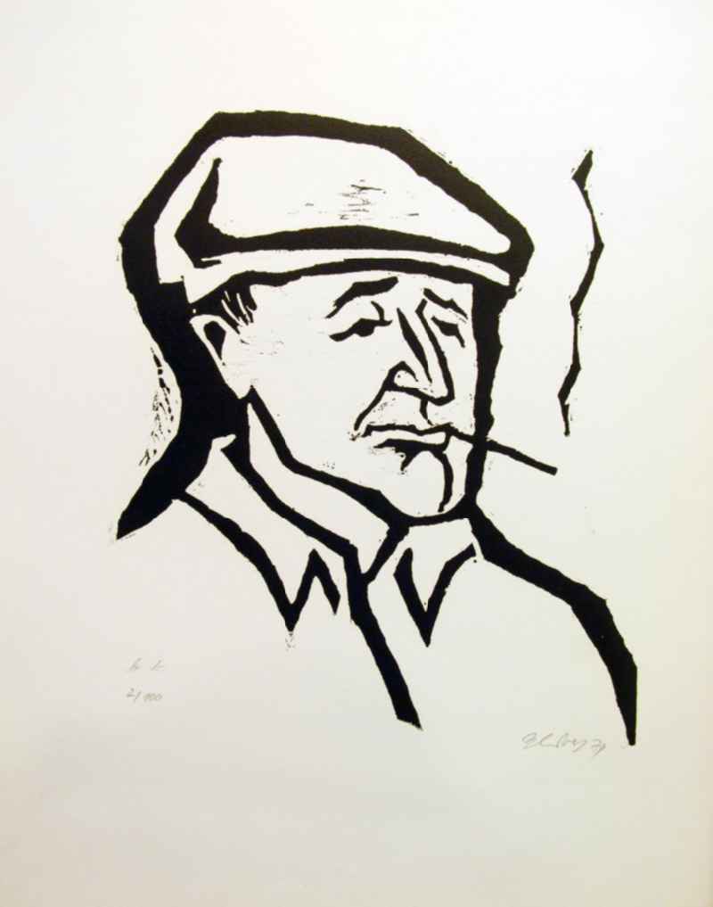Grafik von Herbert Sandberg über Bertolt Brecht (*10.02.1898 †14.08.1956) 'b.b.' (Brecht Porträt links, raucht) aus dem Jahr 1974, 36,8x42,0cm Holzschnitt, handsigniert, 2/10