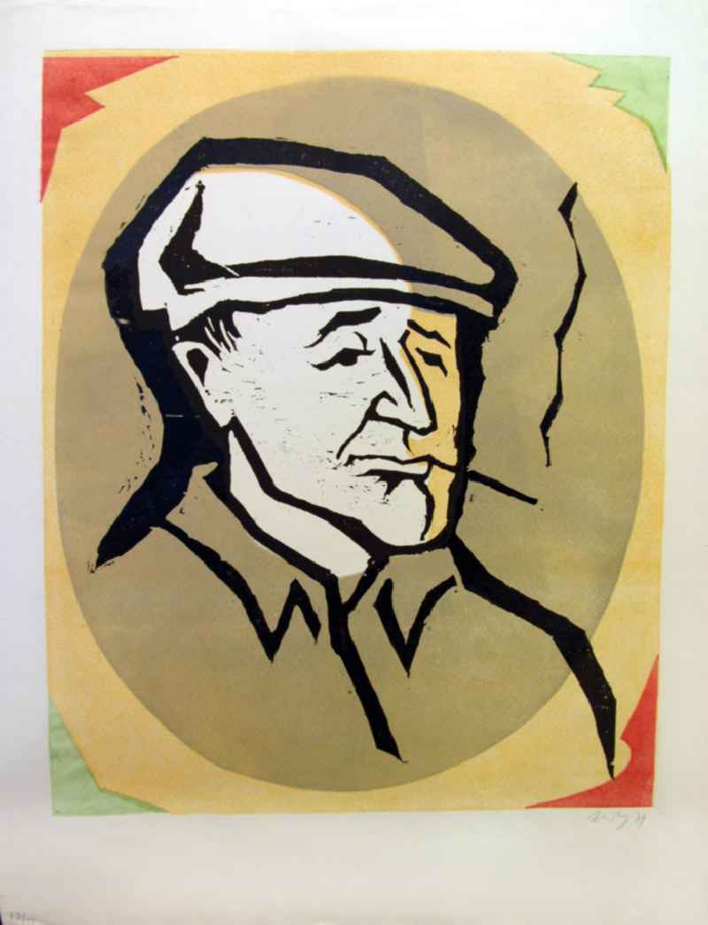 Grafik von Herbert Sandberg über Bertolt Brecht (*10.02.1898 †14.08.1956) 'b.b.' (Brecht Porträt links, raucht) aus dem Jahr 1974, 36,8x42,
