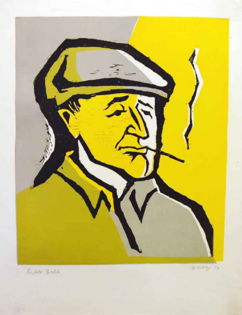 Grafik von Herbert Sandberg über Bertolt Brecht (*10.02.1898 †14.08.1956) 'b.b.' (Brecht Porträt links, raucht) aus dem Jahr 1974, 36,8x42,
