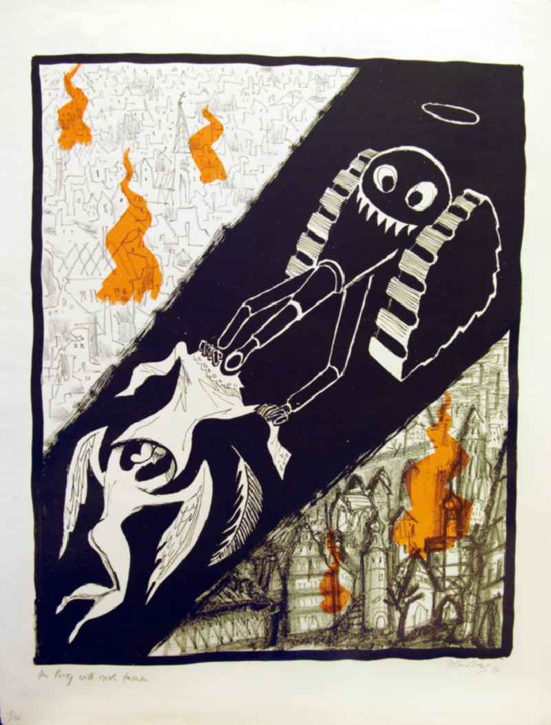 Grafik von Herbert Sandberg 'Die Tarnung (Der Krieg will sich tarnen)' aus dem Jahr 1957, 42,0x52,0cm Farblithographie, handsigniert, 8/2