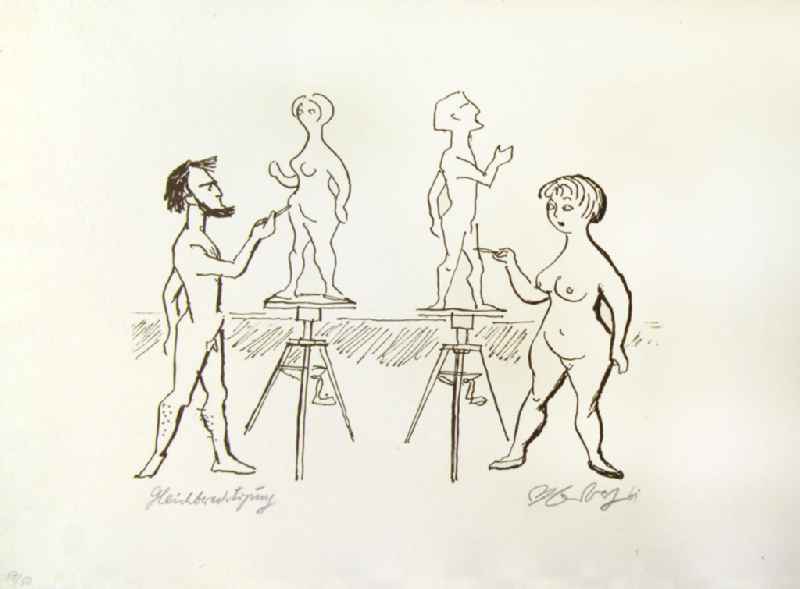 Grafik von Herbert Sandberg 'Gleichberechtigung' aus dem Jahr 1961, 25,2x20,0cm Lithographie (Feder), handsigniert, 17/5