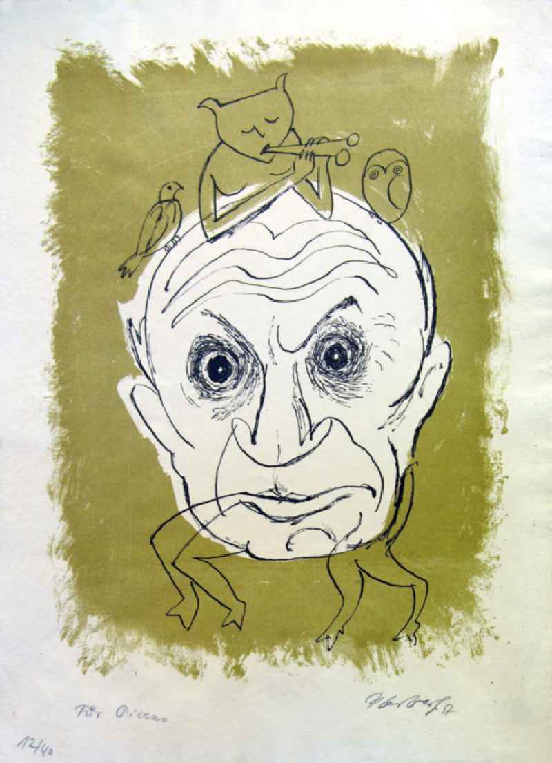Grafik von Herbert Sandberg über Pablo Ruiz Picasso (*25.10.1881 †08.04.1973) 'Für Picasso' aus dem Jahr 1957,25,4x34,5cm Farblithographie, handsigniert, 12/4
