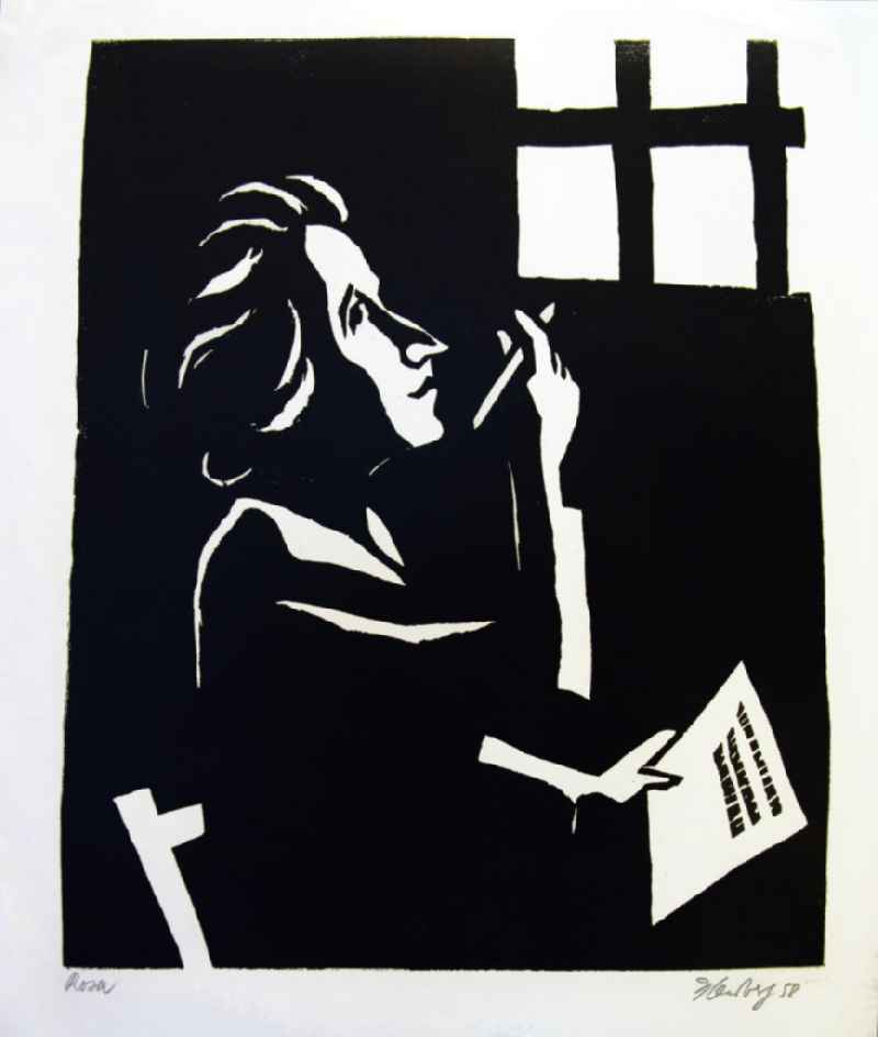Grafik von Herbert Sandberg über Rosa Luxemburg (*05.03.1871 †15.01.1919) 'Rosa (Im Gefängnis)' aus dem Jahr 1958, 36,6x44,