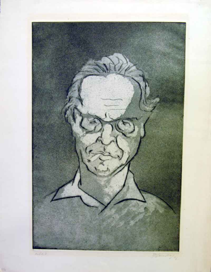Grafik von Herbert Sandberg 'Selbst' (Selbstbildnis mit Zigarette) aus dem Jahr 1962, 32,2x49,0cm Aquatintaradierung, handsigniert, 2/1
