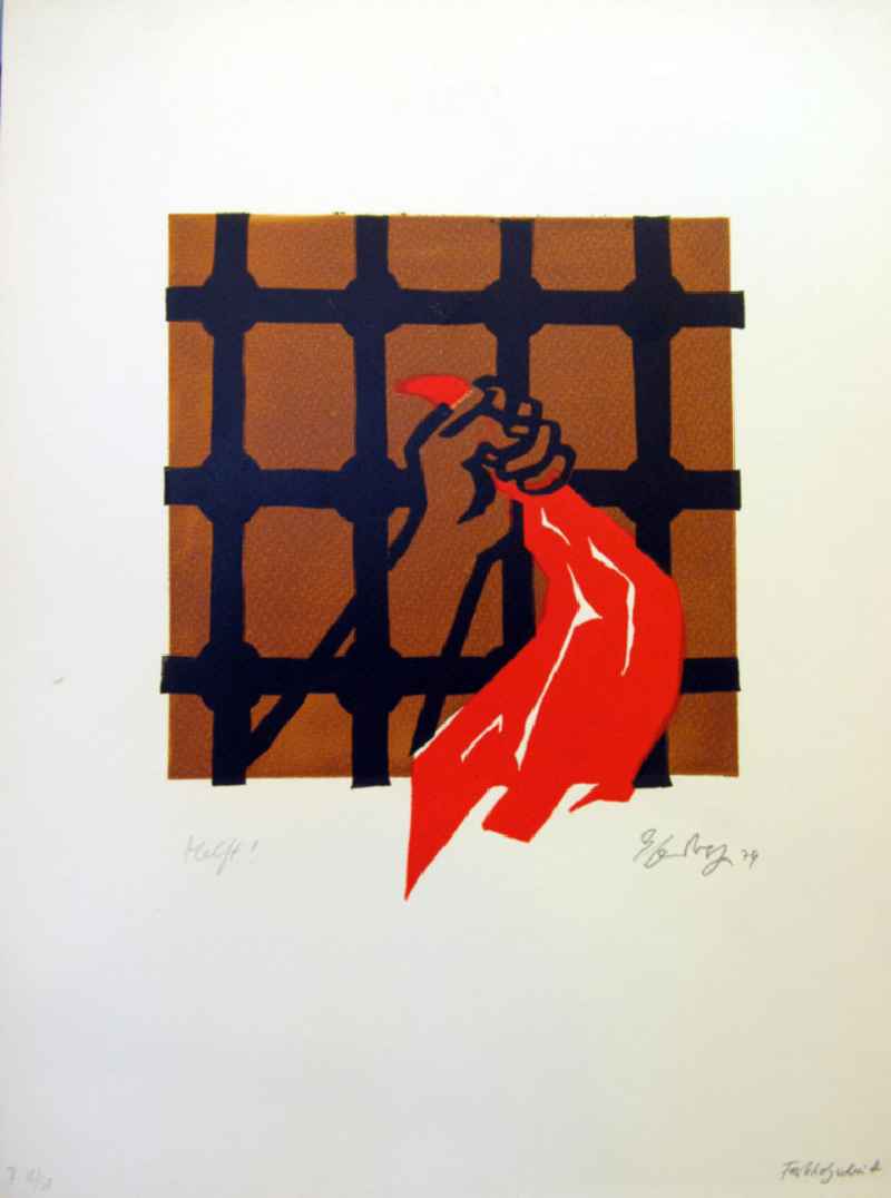 Grafik von Herbert Sandberg 'Helft!' aus dem Zyklus 'Die farbige Wahrheit' mit 10 Farbdrucken (Linol- und Decelithschnitte) aus dem Jahr 1974, 23,7x23,4cm handsigniert, II 18/5