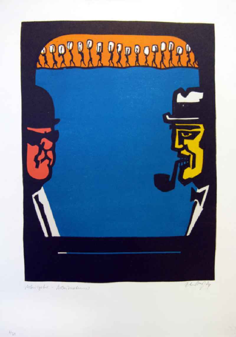 Grafik von Herbert Sandberg 'Arbeitgeber-Arbeitnehmer' aus dem Zyklus 'Die farbige Wahrheit' mit 10 Farbdrucken (Linol- und Decelithschnitte) aus dem Jahr 1974, 27,5x37,3cm handsigniert, 6/3