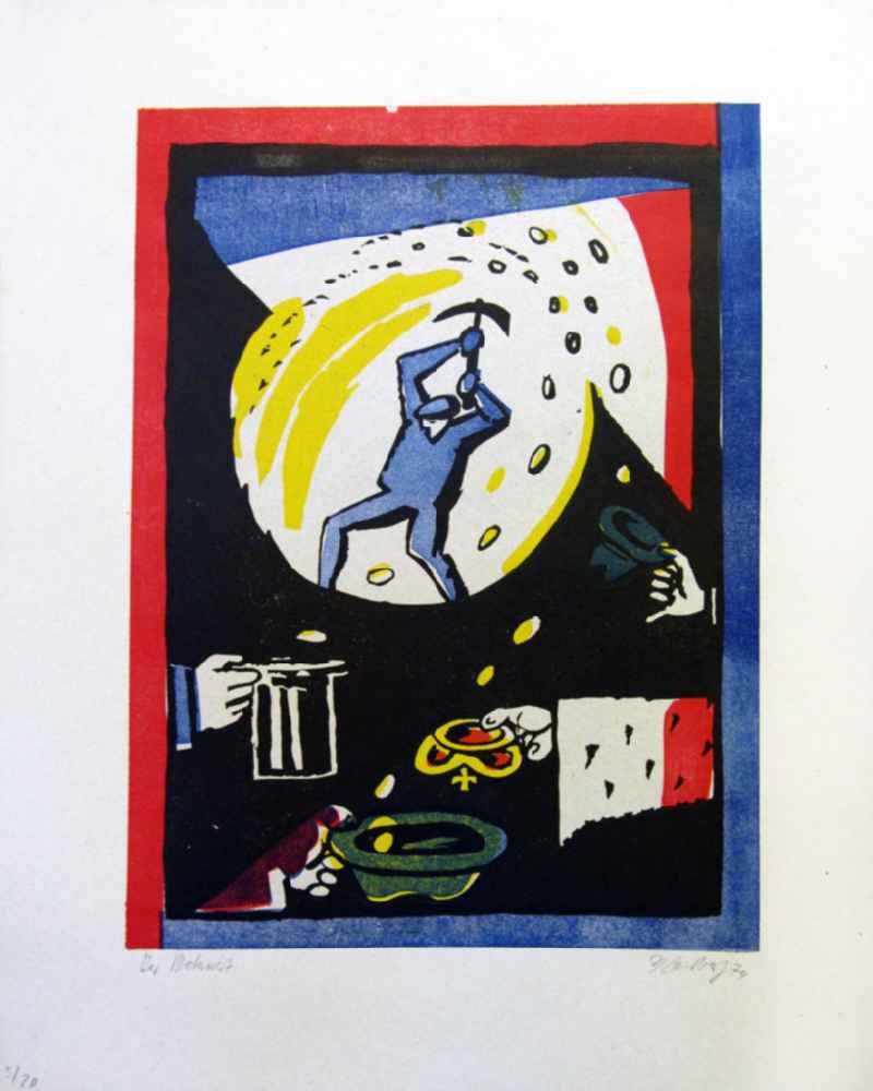 Grafik von Herbert Sandberg 'Der Mehrwert' aus dem Zyklus 'Die farbige Wahrheit' mit 10 Farbdrucken (Linol- und Decelithschnitte) aus dem Jahr 1974, 27,1x36,5cm handsigniert, 3/2