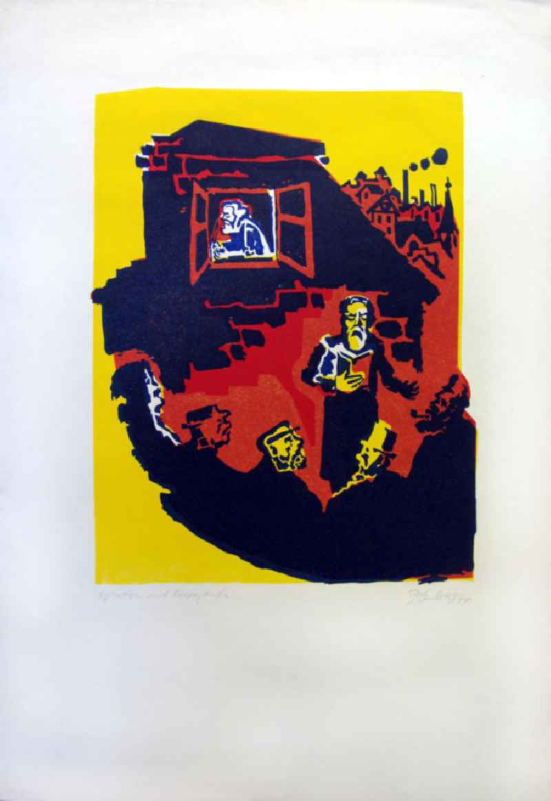 Grafik von Herbert Sandberg 'Agitation und Propaganda' aus dem Zyklus 'Die farbige Wahrheit' mit 10 Farbdrucken (Linol- und Decelithschnitte) aus dem Jahr 1974, 28,9x37,2cm handsigniert, 8/2