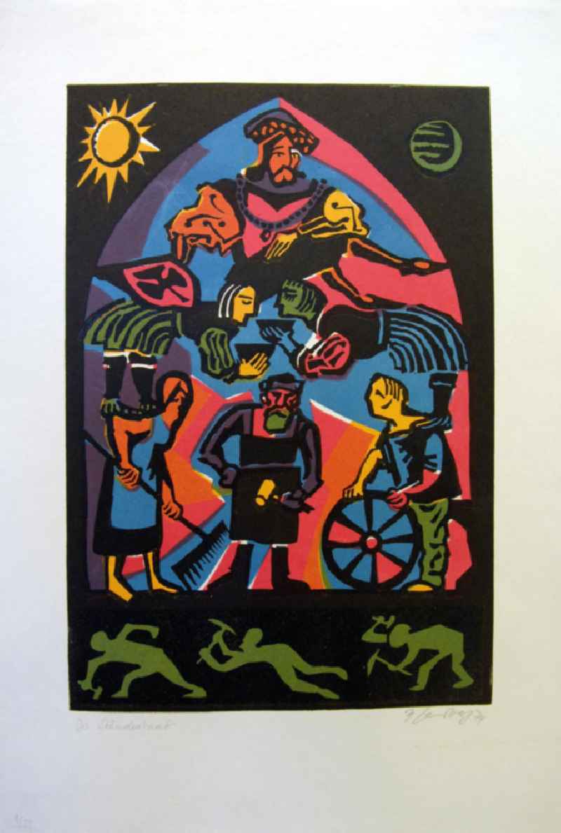 Grafik von Herbert Sandberg 'Der Ständestaat' aus dem Zyklus 'Die farbige Wahrheit' mit 10 Farbdrucken (Linol- und Decelithschnitte) aus dem Jahr 1974, 24,8x39,4cm handsigniert, 8/5