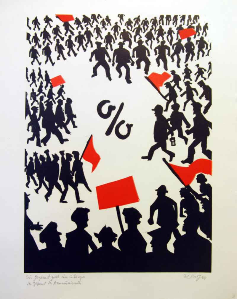 Grafik von Herbert Sandberg 'Motiv 2' aus dem Zyklus 'Bilder zum Kommunistischen Manifest' aus den Jahren 1967-72 mit 30 Decelithschnitten (in Schwarz-Weiß, zusätzlich etzwas Rot) als Illustration zu Marx' und Engels' Manifest der Kommunistischen Partei aus dem Jahr 1847, Grafik zur Textstelle 'Ein Gespenst geht um in Europa - das Gespenst des Kommunismus.' aus dem Jahr 1968, 30,1x4
