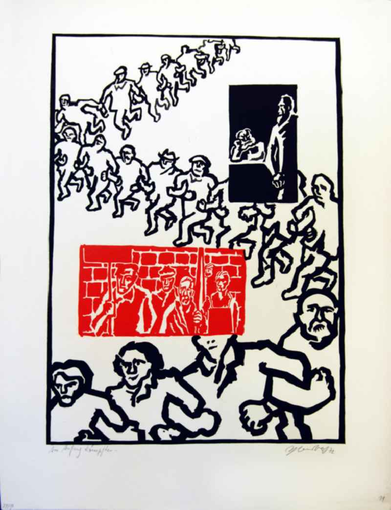 Grafik von Herbert Sandberg 'Motiv 15' aus dem Zyklus 'Bilder zum Kommunistischen Manifest' aus den Jahren 1967-72 mit 30 Decelithschnitten (in Schwarz-Weiß, zusätzlich etzwas Rot) als Illustration zu Marx' und Engels' Manifest der Kommunistischen Partei aus dem Jahr 1847, Grafik zur Textstelle 'Im Anfang kämpfen die einzelnen Arbeiter, dann die Arbeiter einer Fabrik, dann die Arbeiter eines Arbeitszweiges an einem Ort gegen den einzelnen Bourgeois, der sie direkt ausbeutet.' aus dem Jahr 1972, 28,5x39,5cm handsigniert, 34/5