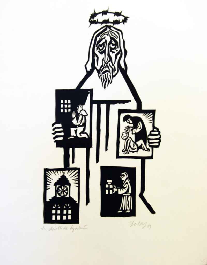 Grafik von Herbert Sandberg 'Motiv 26' aus dem Zyklus 'Bilder zum Kommunistischen Manifest' aus den Jahren 1967-72 mit 3
