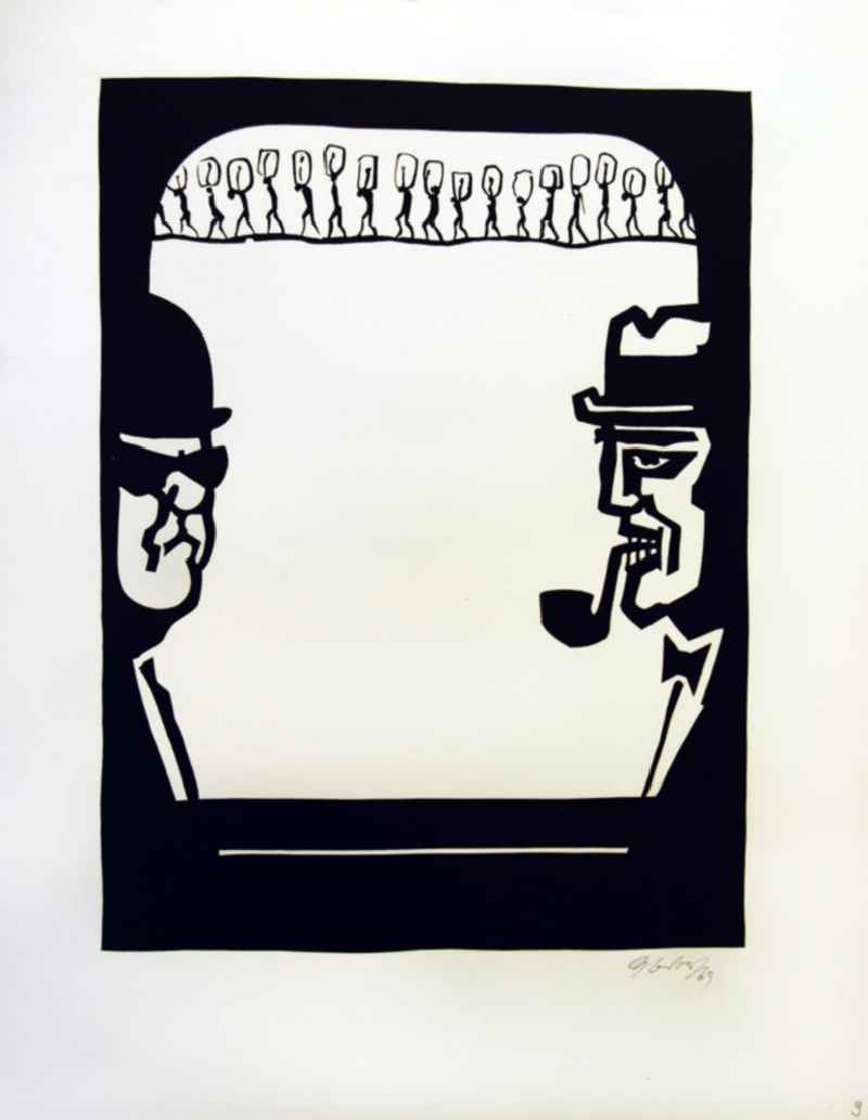 Grafik von Herbert Sandberg 'Motiv 10' aus dem Zyklus 'Bilder zum Kommunistischen Manifest' aus den Jahren 1967-72 mit 3