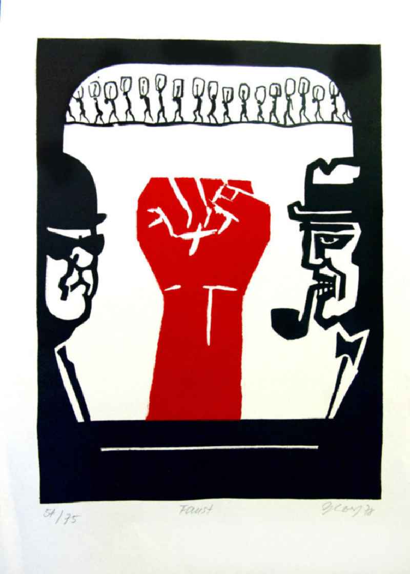 Grafik von Herbert Sandberg 'Motiv 10' aus dem Zyklus 'Bilder zum Kommunistischen Manifest' aus den Jahren 1967-72 mit 3