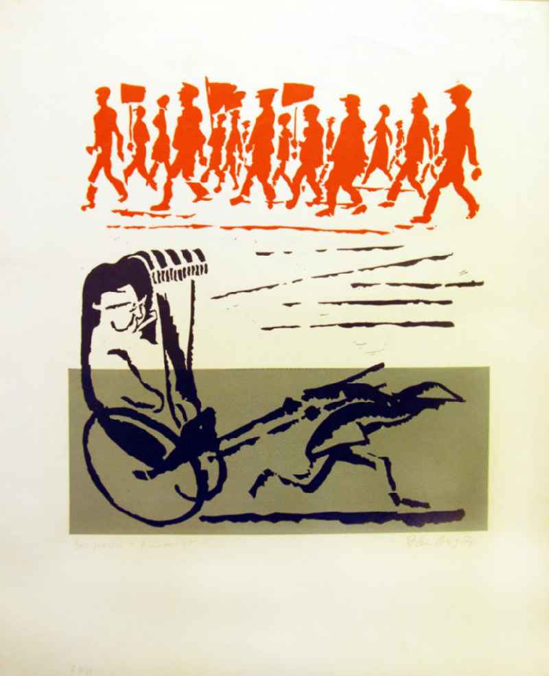 Grafik von Herbert Sandberg 'Bourgeoisie und Proletariat' aus dem Zyklus 'Die farbige Wahrheit' mit 10 Farbdrucken (Linol- und Decelithschnitte) aus dem Jahr 1974, 30,3x33cm handsigniert, II 7/5