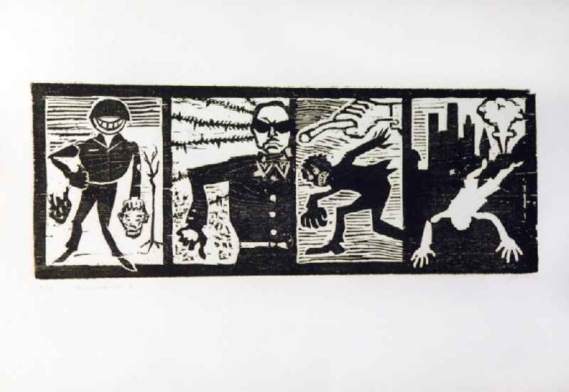 Grafik von Herbert Sandberg 'Menschenrechte 2' aus dem Zyklus 'Menschenrechte' aus dem Jahr 1977, 88,0x33,4cm Holzschnitt, handsigniert, 3/2